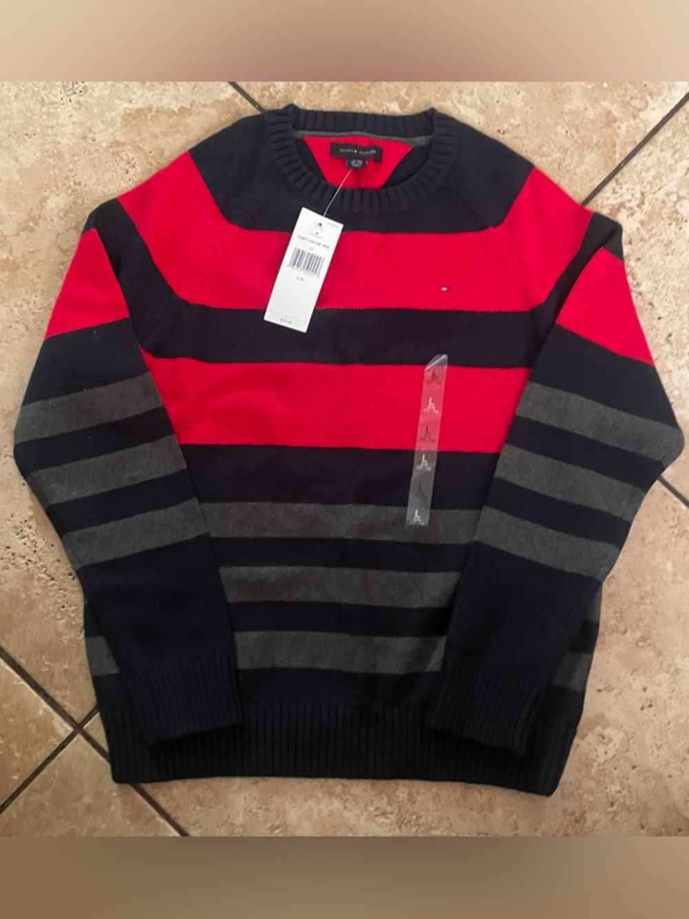 Tommy Hilfiger Men’s Striped Crewneck Sweater - Red/Black/Gray